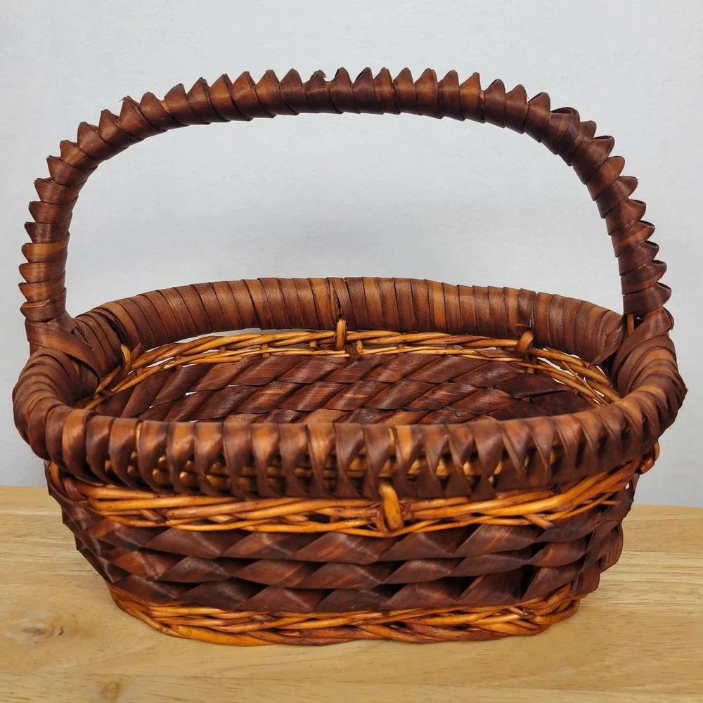 Vintage Woven Curl Splint Basket Wood Ribbon Gathering Farmhouse Oval 12x8.5x5